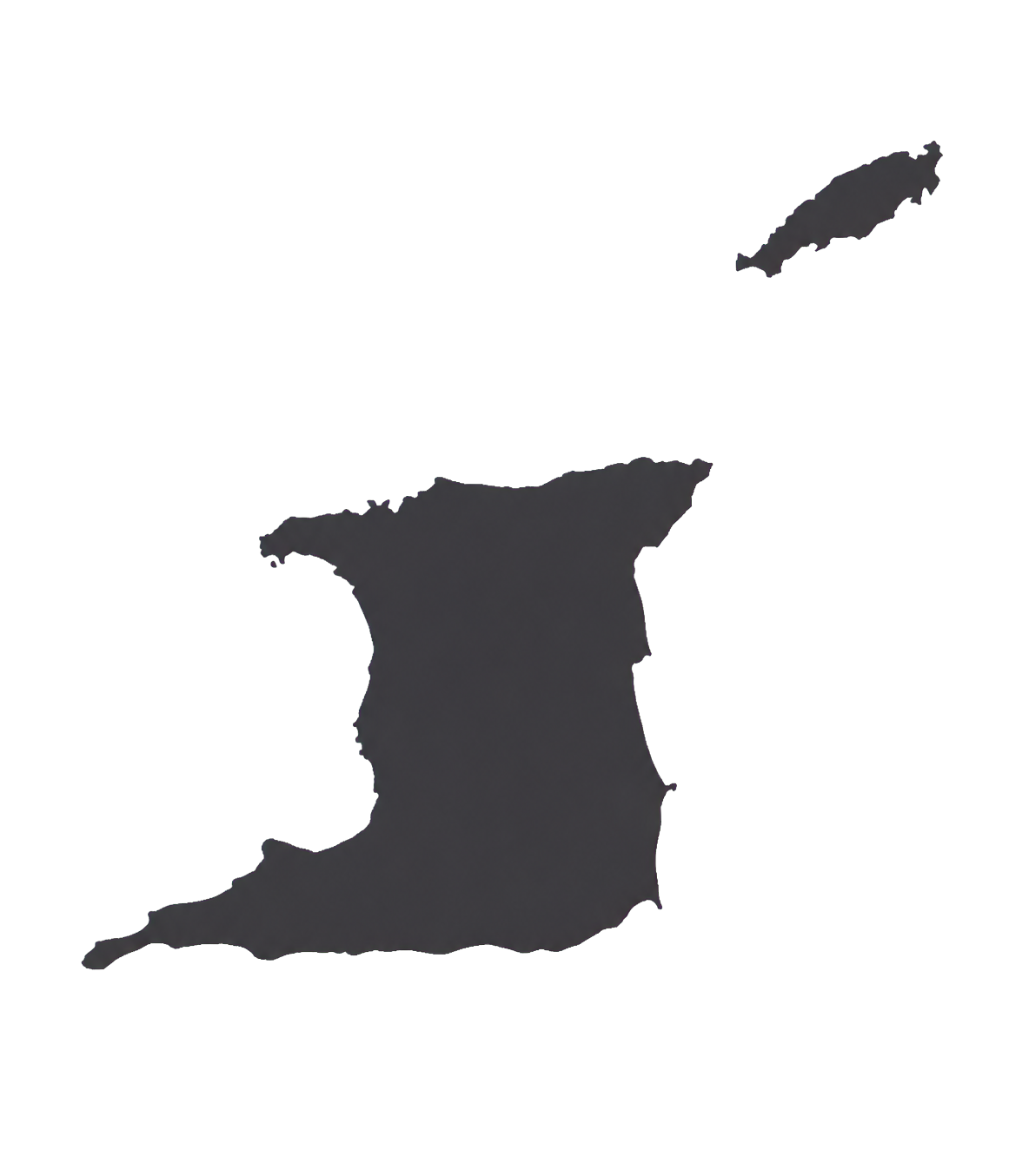 Accurate silhouettes of Trinidad and Tobago, with Tobago northeast of Trinidad